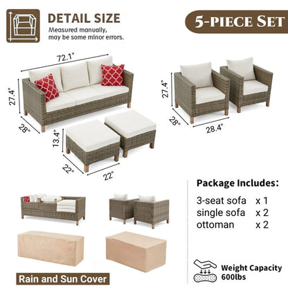 Set da conversazione in vimini per esterni da 5 pezzi