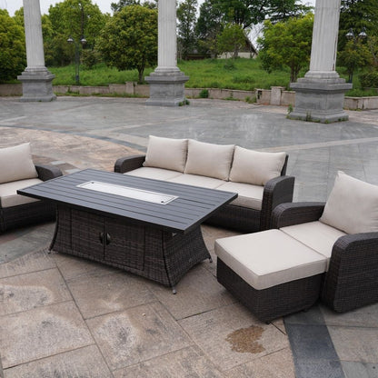 Set di divani da esterno in vimini da 5 pezzi con tavolo con braciere in alluminio