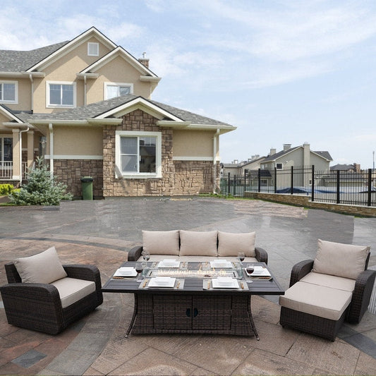 Set di divani da esterno in vimini da 5 pezzi con tavolo con braciere in alluminio