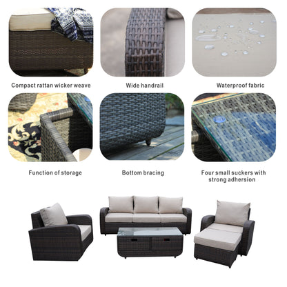 Set di divani da esterno in vimini da 5 pezzi con tavolo con braciere in alluminio