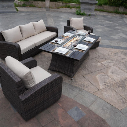 Set di divani da esterno in vimini da 5 pezzi con tavolo con braciere in alluminio