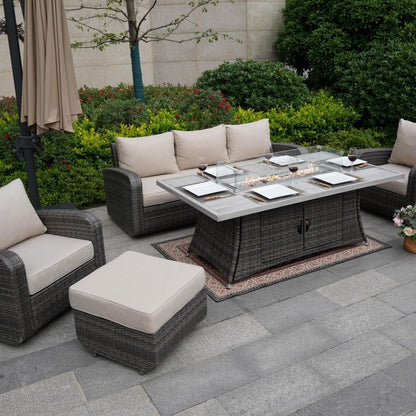 Set di divani da esterno in vimini da 5 pezzi con tavolo con braciere in alluminio