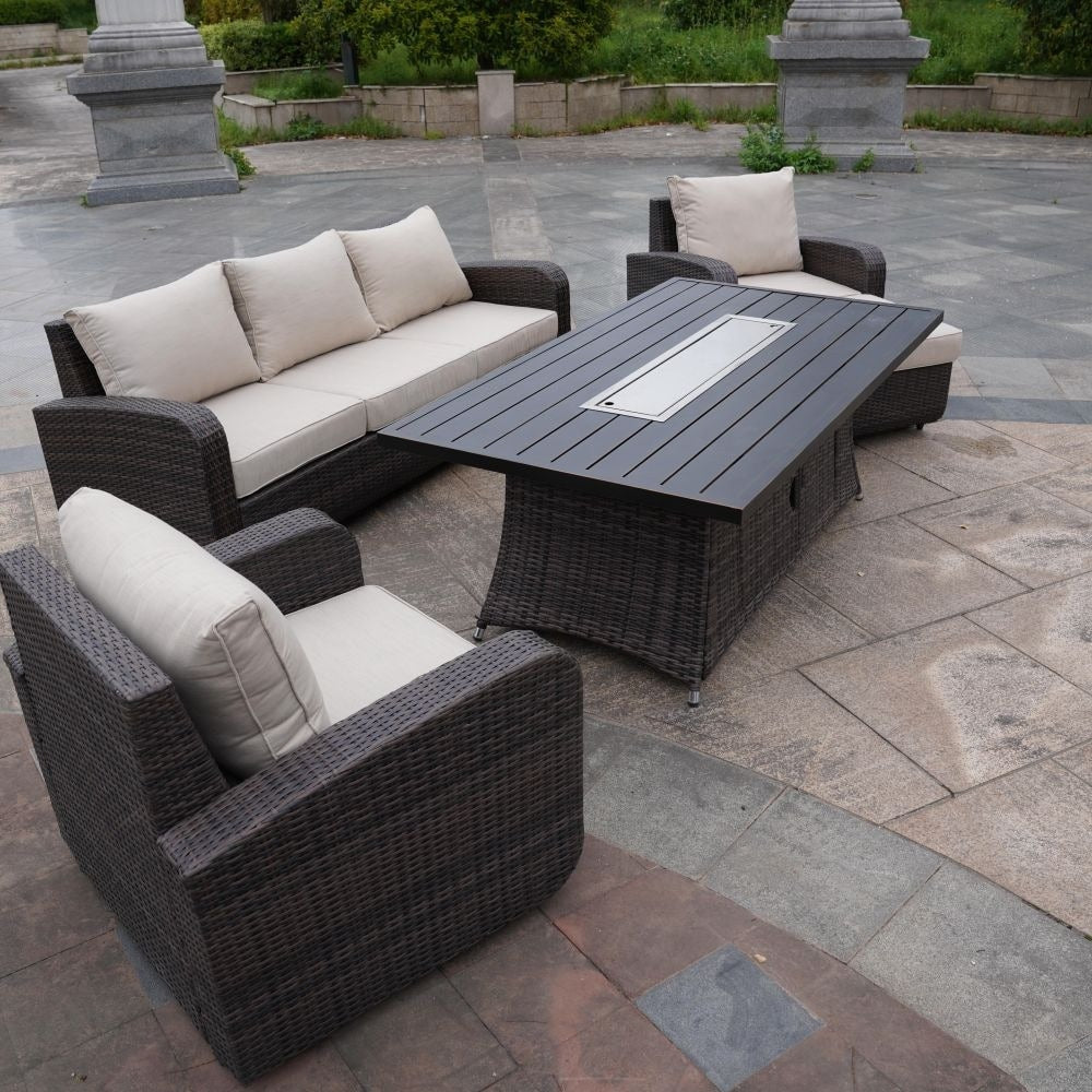 Set di divani da esterno in vimini da 5 pezzi con tavolo con braciere in alluminio