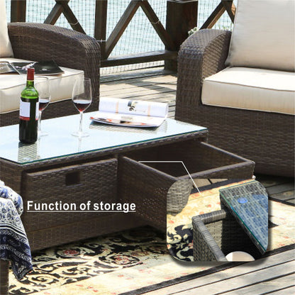 Set di divani da esterno in vimini da 5 pezzi con tavolo con braciere in alluminio