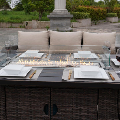 Set di divani da esterno in vimini da 5 pezzi con tavolo con braciere in alluminio