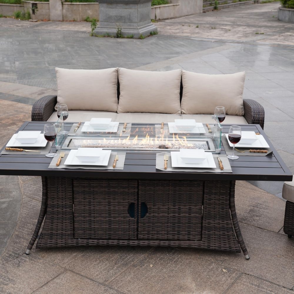 Set di divani da esterno in vimini da 5 pezzi con tavolo con braciere in alluminio