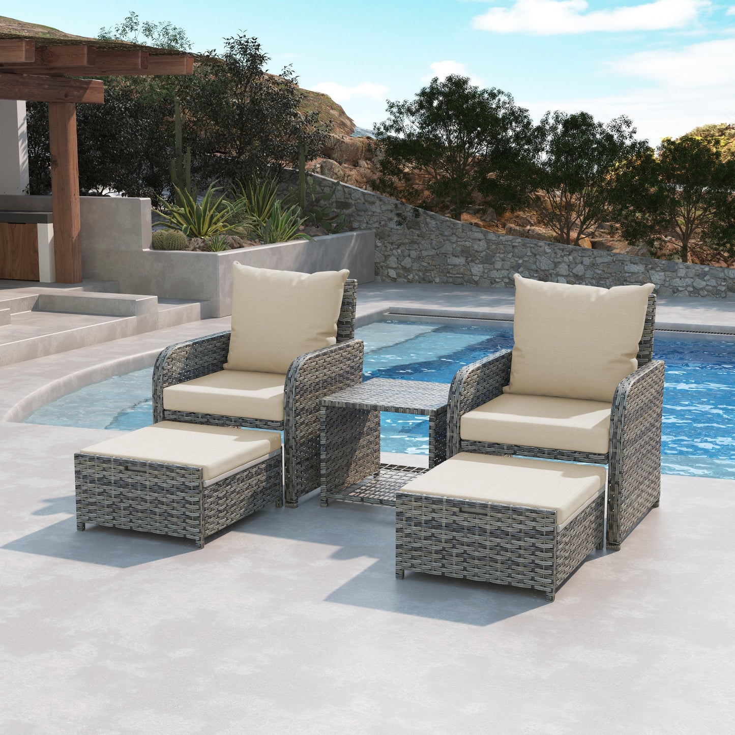 Set da esterno in rattan PE da 5 pezzi con 2 sedie, 2 pouf e tavolino da caffè