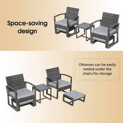 Set da giardino in vimini da 5 pezzi con poltrone, pouf e tavolino laterale