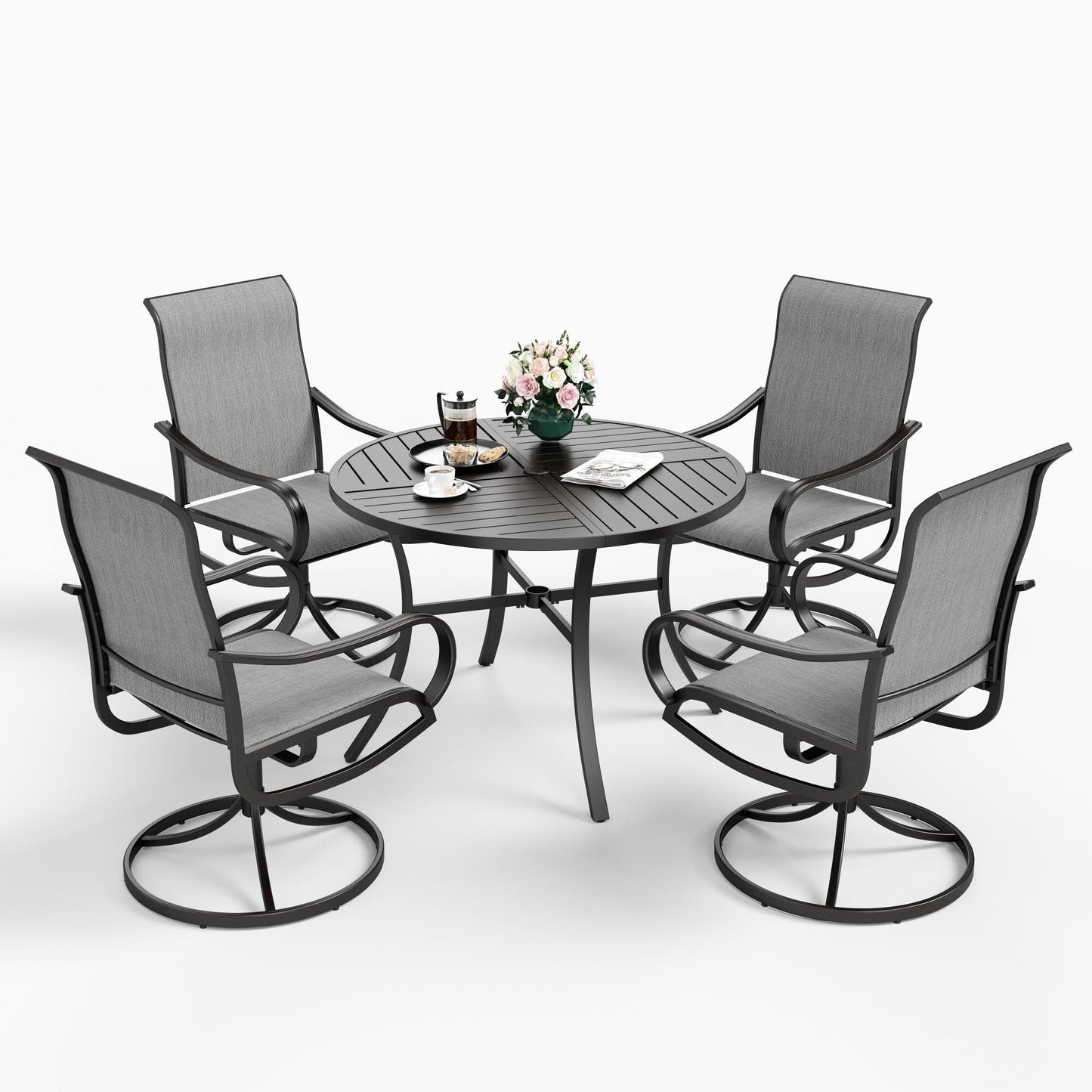 MAISON ARTS Set da pranzo per patio da 5 pezzi, composto da 4 sedie girevoli con cinghie e 1 tavolo da pranzo rotondo con rivestimento E-coating e foro per ombrellone