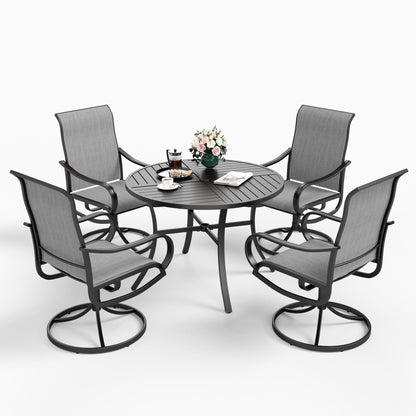 MAISON ARTS Set da pranzo per patio da 5 pezzi, composto da 4 sedie girevoli con cinghie e 1 tavolo da pranzo rotondo con rivestimento E-coating e foro per ombrellone