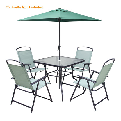 Set da pranzo per esterni da 5 pezzi con sedie pieghevoli e tavolo in vetro con foro per ombrellone - Vedi le specifiche