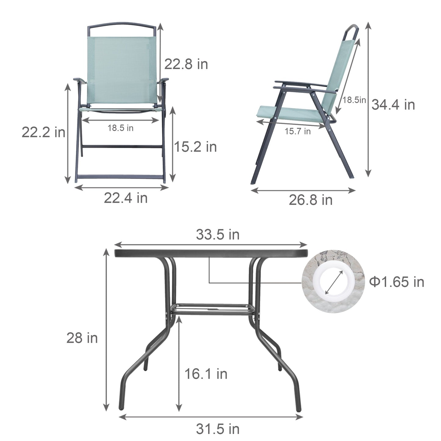 Set da pranzo per esterni da 5 pezzi con sedie pieghevoli e tavolo in vetro con foro per ombrellone - Vedi le specifiche