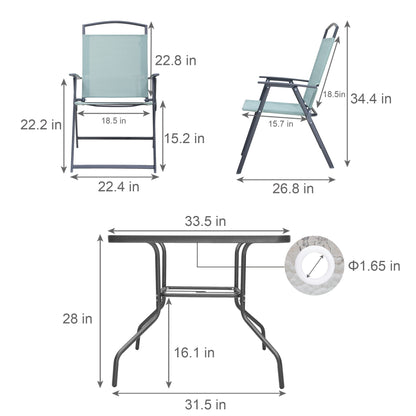 Set da pranzo per esterni da 5 pezzi con sedie pieghevoli e tavolo in vetro con foro per ombrellone - Vedi le specifiche