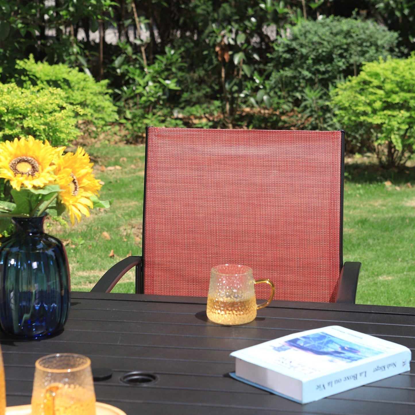 MAISON ARTS Set da pranzo per patio da 5 pezzi, tavolo quadrato in metallo da 37 pollici e 4 sedie da pranzo in textilene