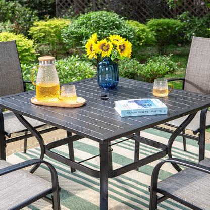 MAISON ARTS Set da pranzo per patio da 5 pezzi, tavolo quadrato in metallo da 37 pollici e 4 sedie da pranzo in textilene