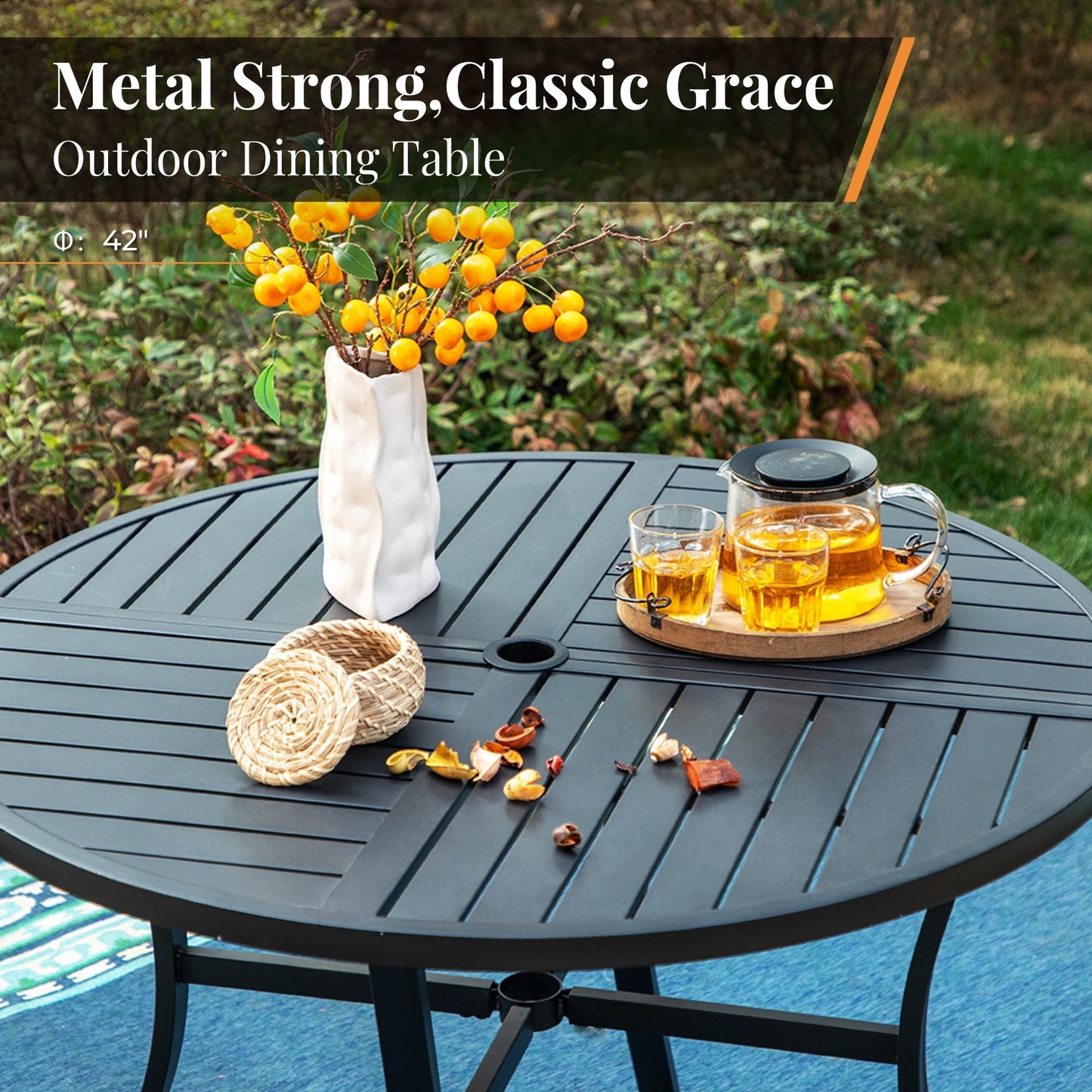 MAISON ARTS Set da pranzo per patio da 5 pezzi, tavolo rotondo con stampa geometrica e 4 sedie da pranzo in textilene