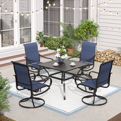 MAISON ARTS Set da pranzo da giardino da 5 pezzi, 4 sedie girevoli da pranzo Sling e tavolo quadrato in metallo da 37 con foro per ombrellone da 1,57