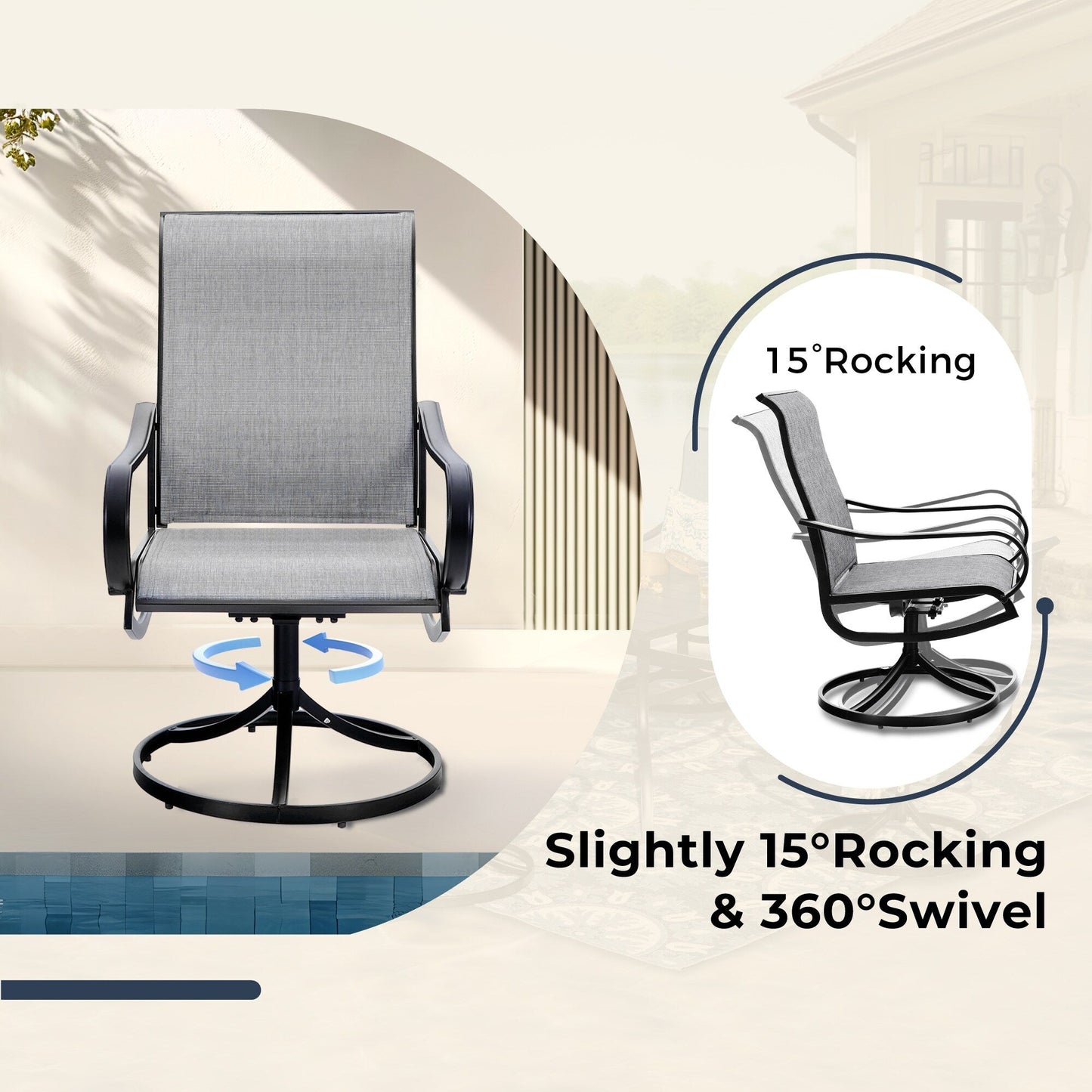 MAISON ARTS Set da pranzo da giardino da 5 pezzi, 4 sedie girevoli da pranzo Sling e tavolo quadrato in metallo da 37 con foro per ombrellone da 1,57