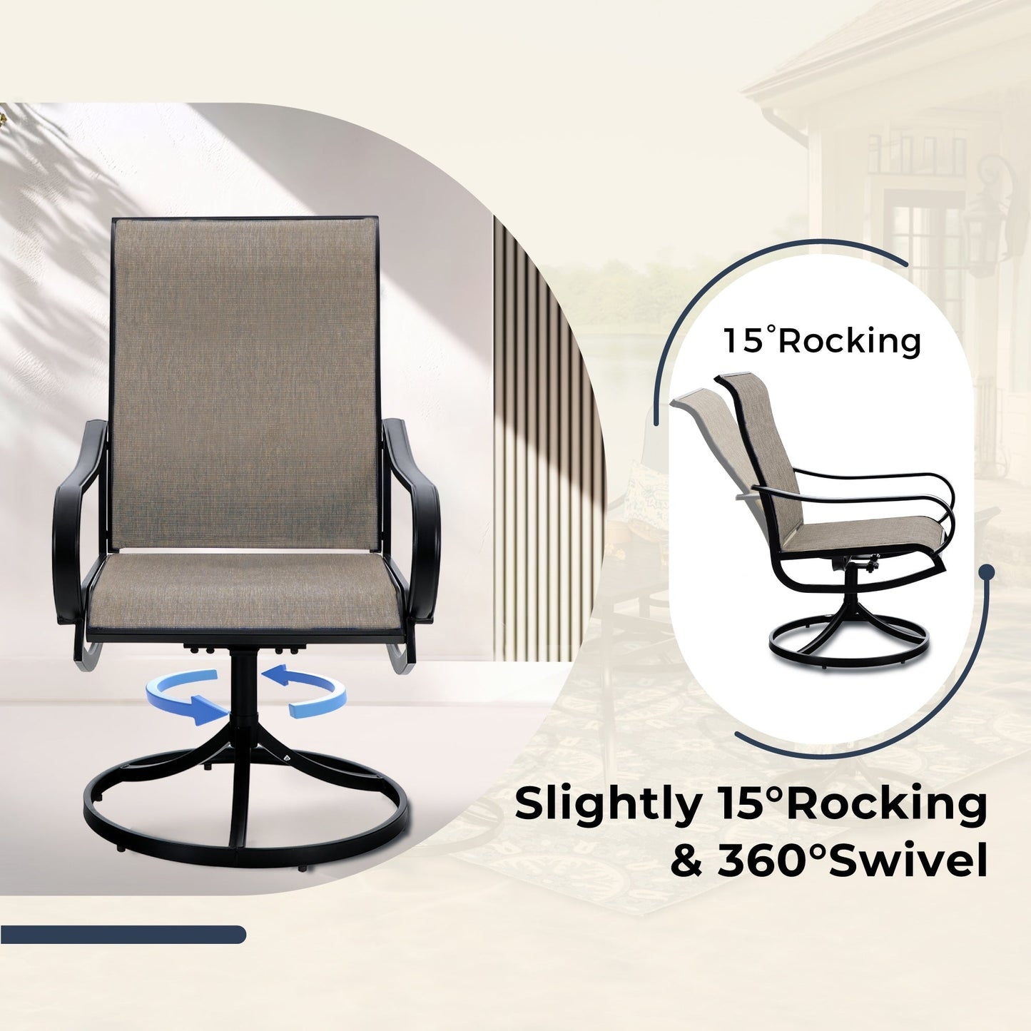 MAISON ARTS Set da pranzo da giardino da 5 pezzi, 4 sedie girevoli da pranzo Sling e tavolo quadrato in metallo da 37 con foro per ombrellone da 1,57