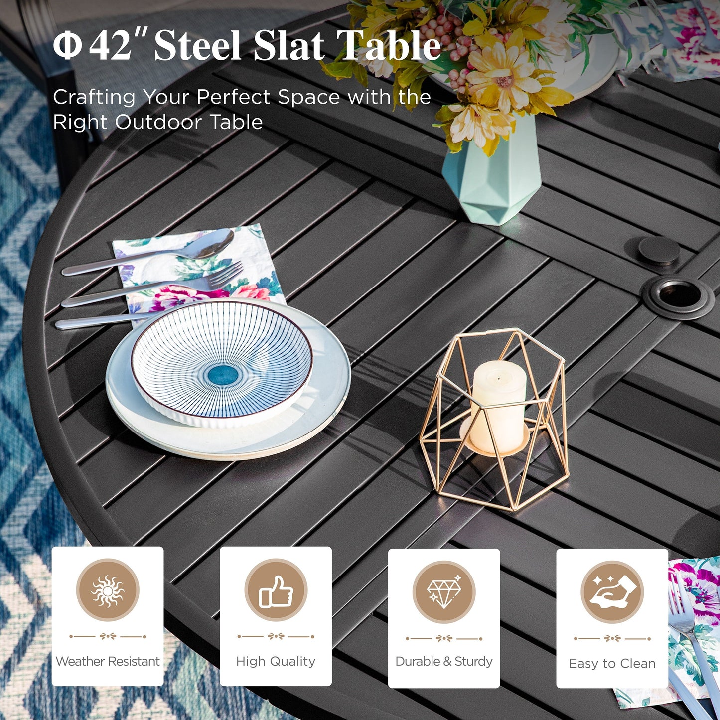 Set da patio da 5 pezzi con tavolo rotondo in metallo da 42 pollici con foro per ombrellone e poltrone in vimini con cuscino