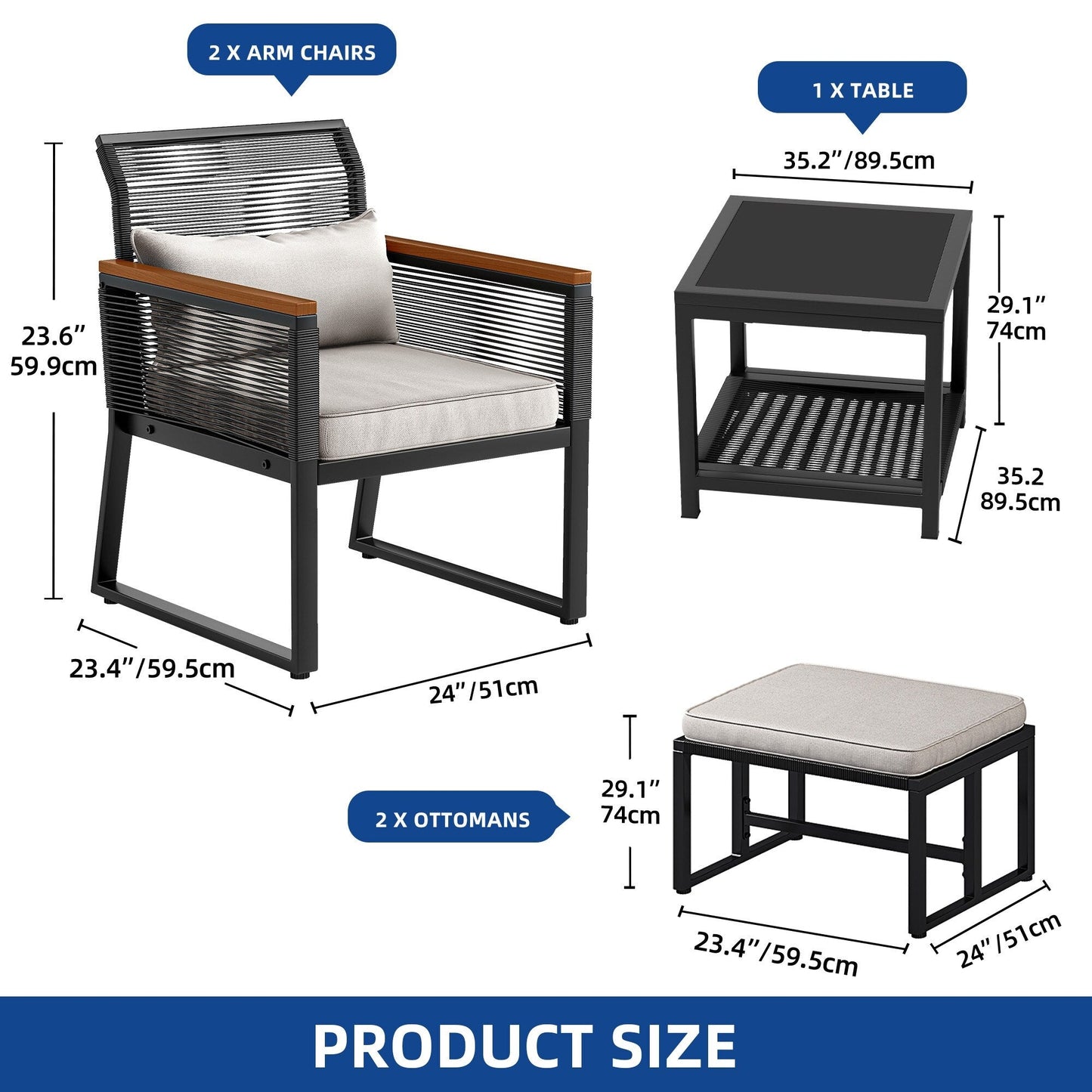 Set da bistrot in vimini per patio da 5 pezzi con cuscini - 23,2 L x 28 W x 30,7 H