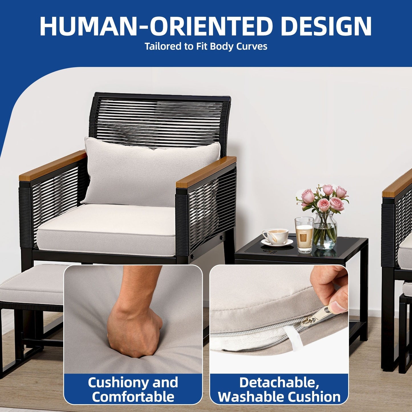 Set da bistrot in vimini per patio da 5 pezzi con cuscini - 23,2 L x 28 W x 30,7 H