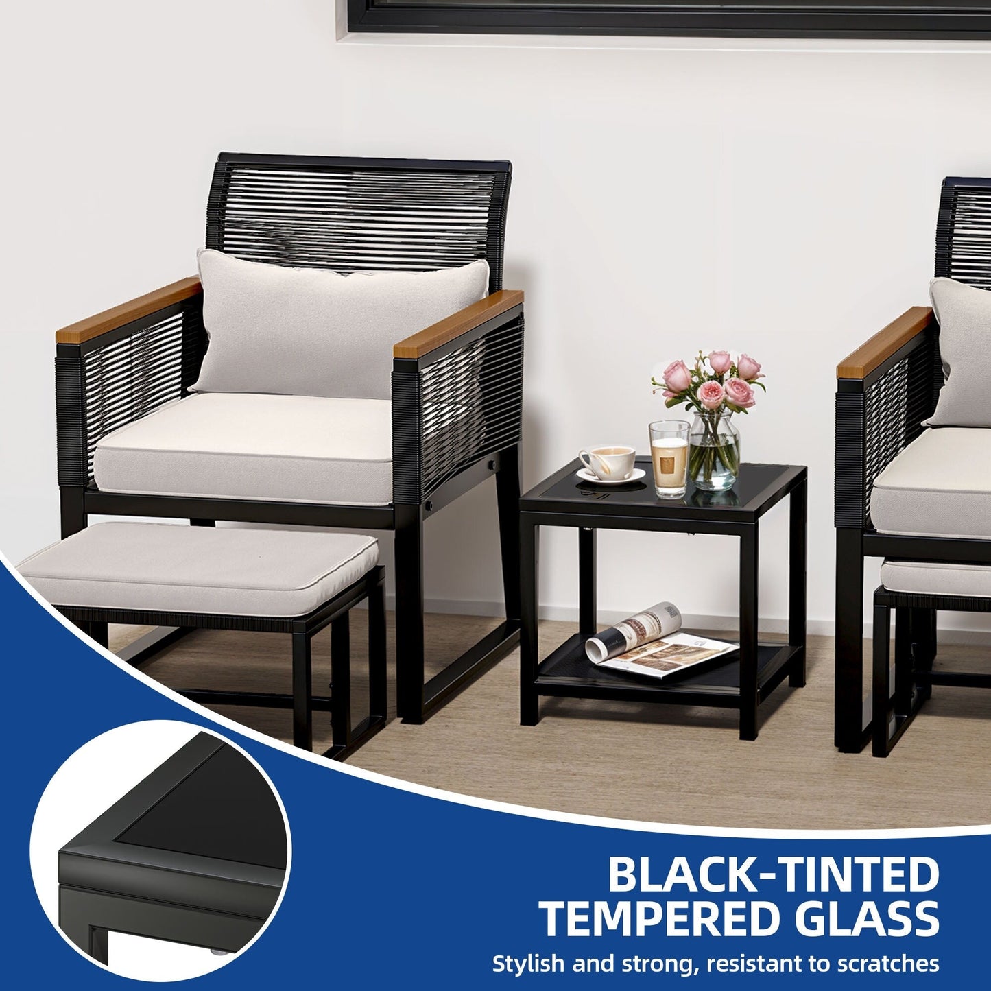 Set da bistrot in vimini per patio da 5 pezzi con cuscini - 23,2 L x 28 W x 30,7 H