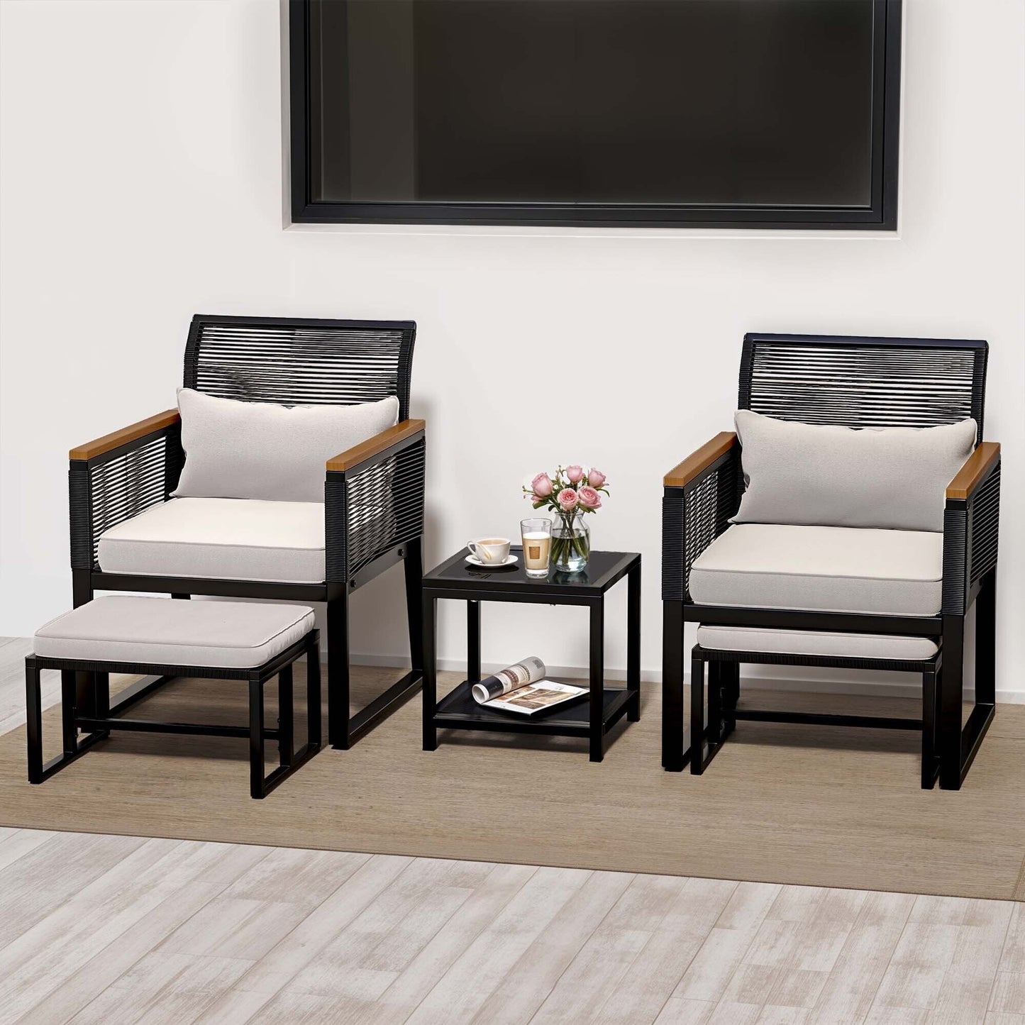 Set da bistrot in vimini per patio da 5 pezzi con cuscini - 23,2 L x 28 W x 30,7 H