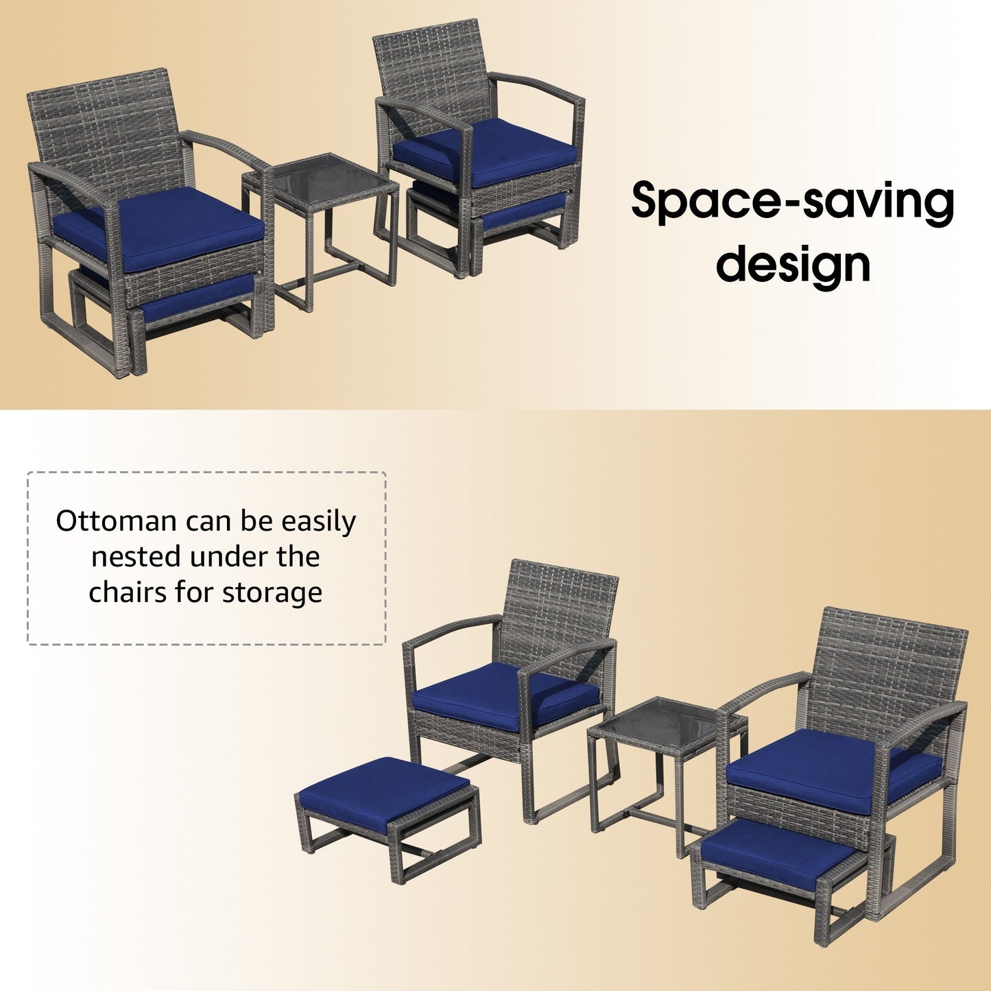 Set da giardino in vimini da 5 pezzi con poltrone, pouf e tavolino laterale