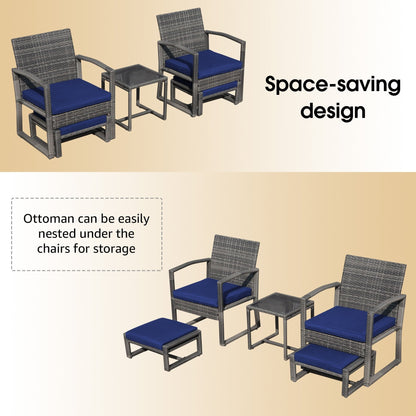 Set da giardino in vimini da 5 pezzi con poltrone, pouf e tavolino laterale