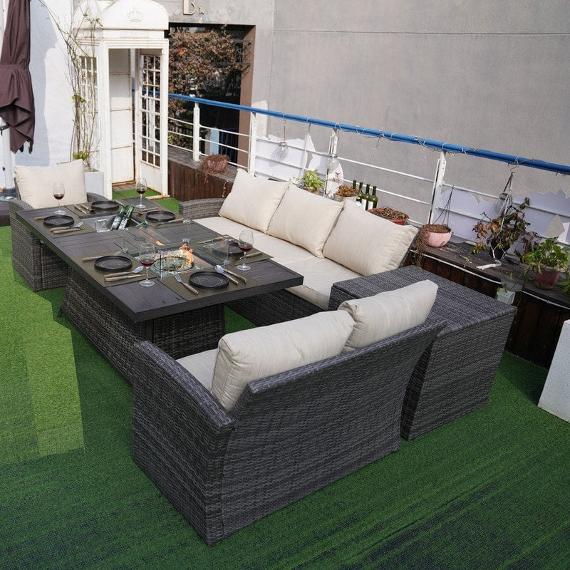 Divano da conversazione in vimini da giardino a 5 pezzi con tavolo per braciere e contenitore