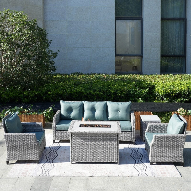 Set di divani da giardino in vimini da 5 pezzi con tavolo con braciere e copertura antipioggia