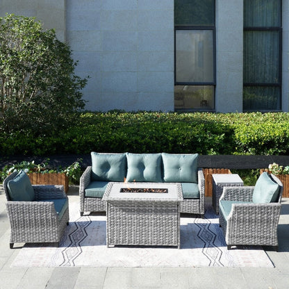 Set di divani da giardino in vimini da 5 pezzi con tavolo con braciere e copertura antipioggia