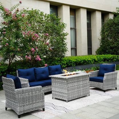 Set di divani da giardino in vimini da 5 pezzi con tavolo con braciere e copertura antipioggia