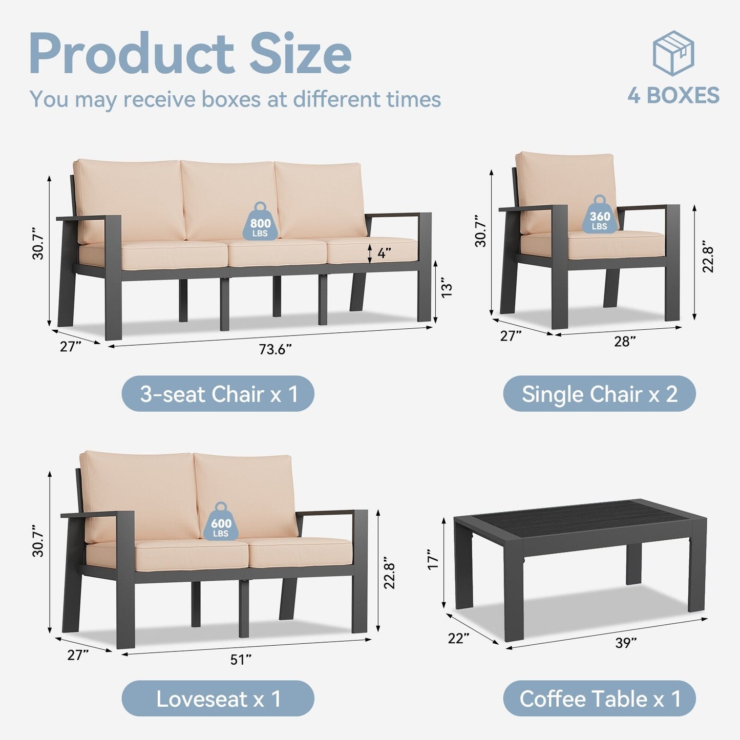 Set da conversazione componibile da 5 pezzi con tavolino da caffè