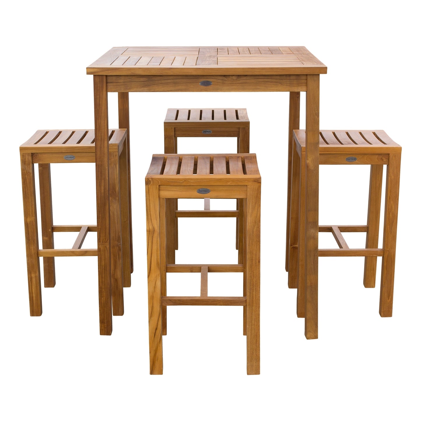 Chic Teak Set da bar bistrot da patio Havana in legno di teak da 5 pezzi con tavolo quadrato da 35 pollici e 4 sgabelli da bar