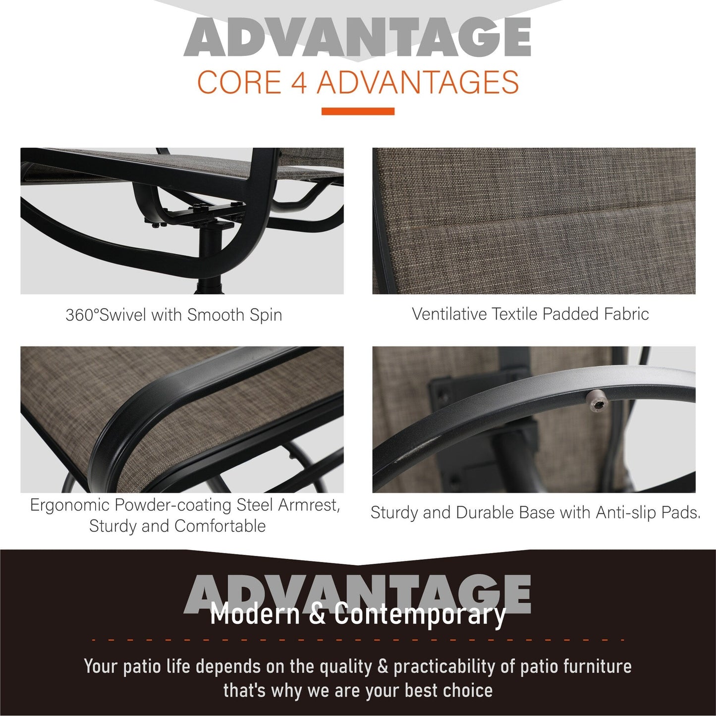 Set da pranzo per esterni da 5 pezzi, 4 sedie girevoli imbottite in schiuma ad asciugatura rapida e 44 tavoli rotondi in metallo effetto legno