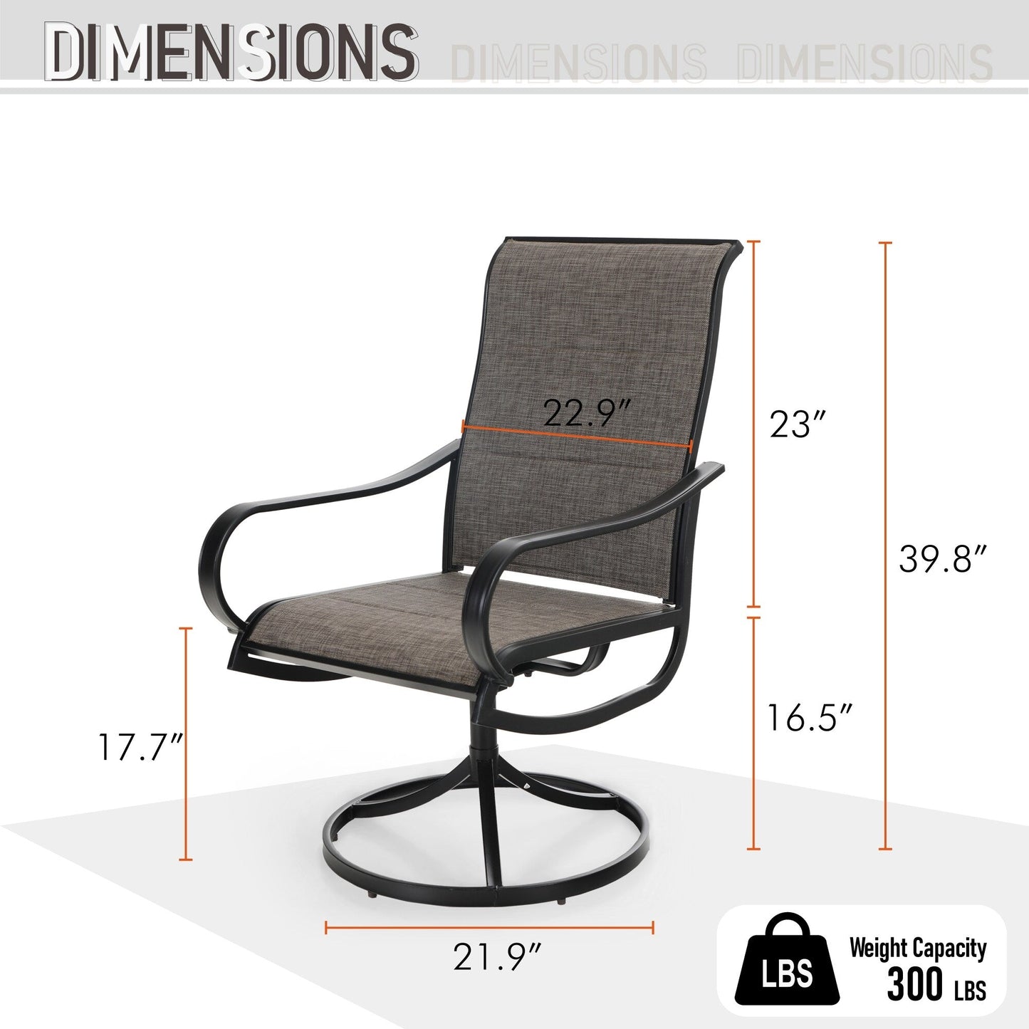 Set da pranzo per esterni da 5 pezzi, 4 sedie girevoli imbottite in schiuma ad asciugatura rapida e 44 tavoli rotondi in metallo effetto legno