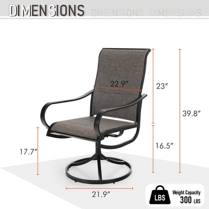 Set da pranzo per esterni da 5 pezzi, 4 sedie girevoli imbottite in schiuma ad asciugatura rapida e 44 tavoli rotondi in metallo effetto legno