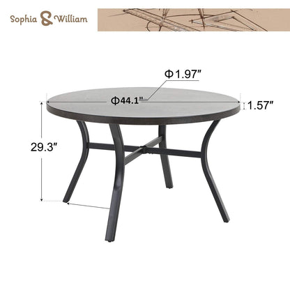 Set da pranzo per esterni da 5 pezzi, 4 sedie girevoli imbottite in schiuma ad asciugatura rapida e 44 tavoli rotondi in metallo effetto legno
