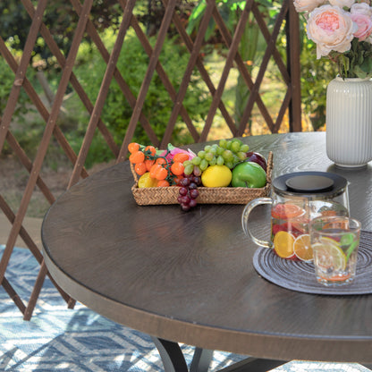 Set da pranzo per esterni da 5 pezzi, 4 sedie girevoli imbottite in schiuma ad asciugatura rapida e 44 tavoli rotondi in metallo effetto legno
