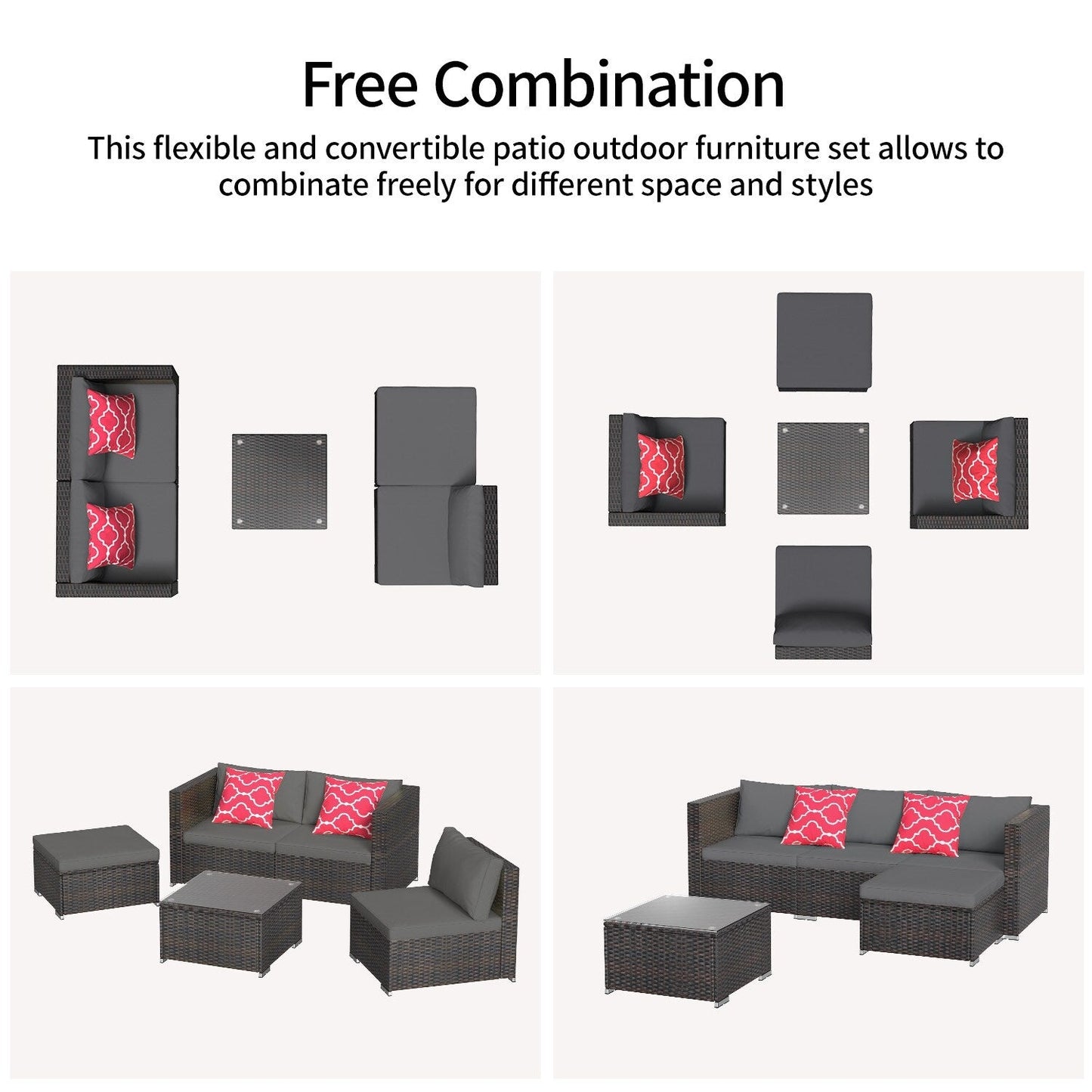 Set di divani componibili da esterno da 5 pezzi, set da conversazione per patio, set di divani componibili in rattan con tavolino da caffè