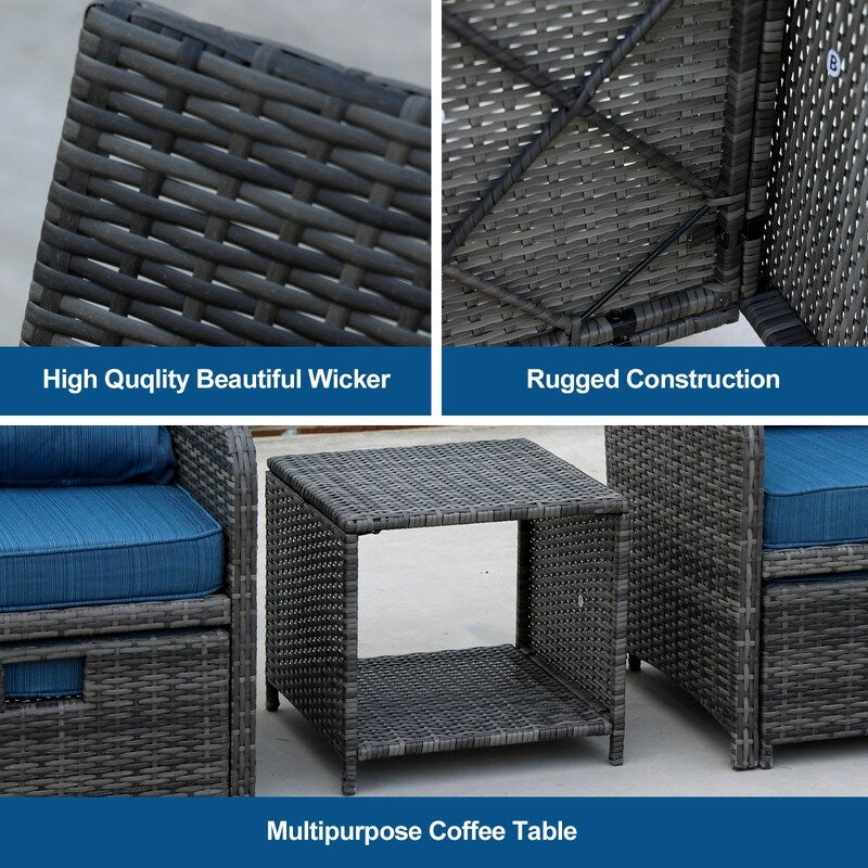 Set di 5 mobili da giardino in vimini con pouf e tavolino da caffè