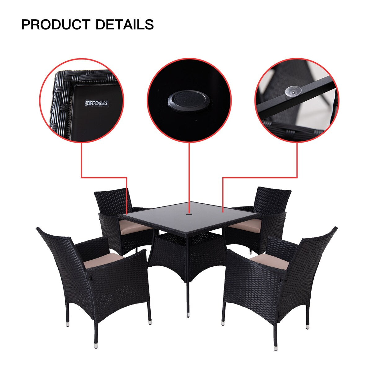 Set da pranzo da esterno in vimini da 5 pezzi con cuscini e tavolo