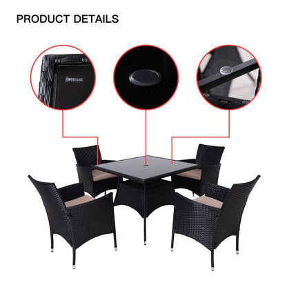 Set da pranzo da esterno in vimini da 5 pezzi con cuscini e tavolo