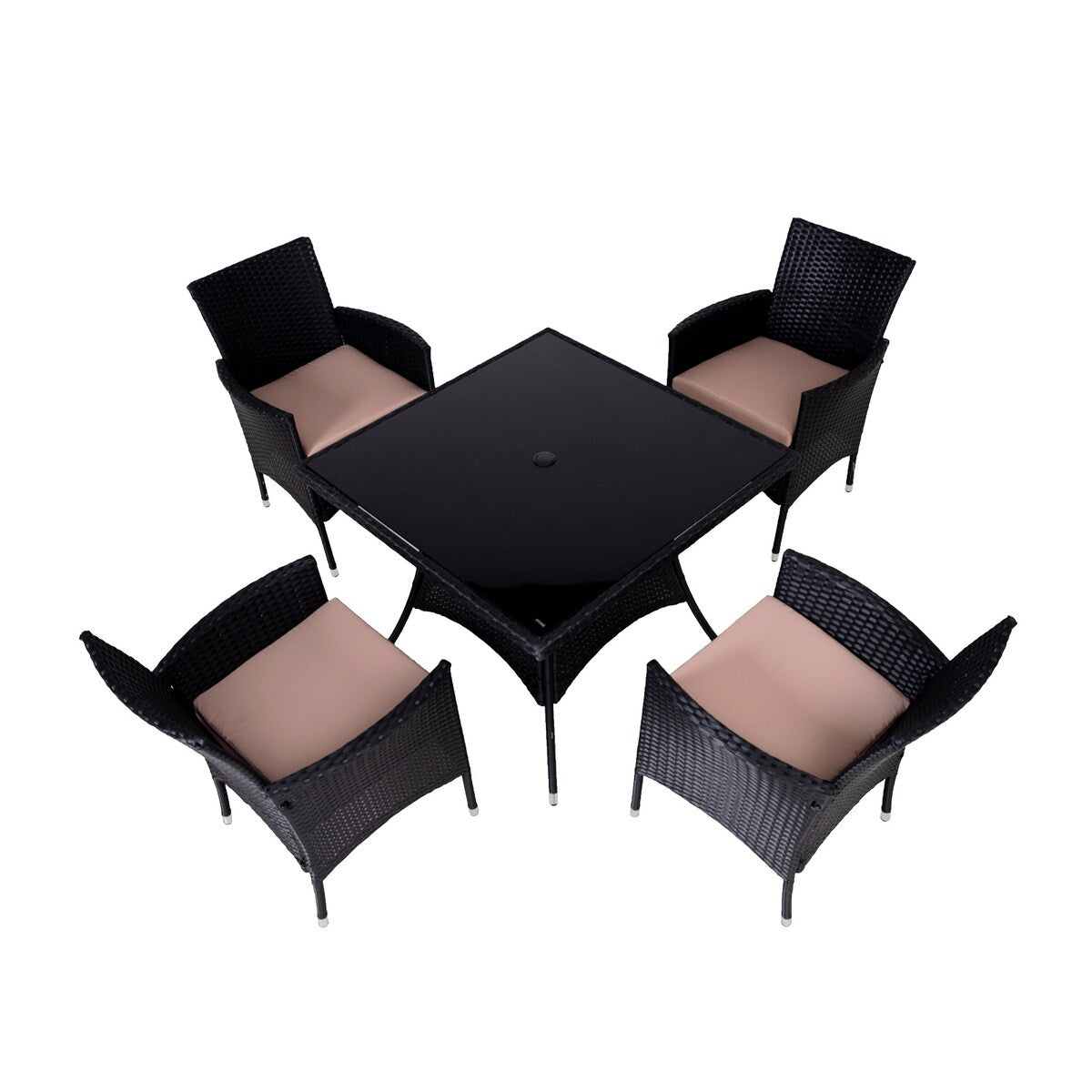 Set da pranzo da esterno in vimini da 5 pezzi con cuscini e tavolo