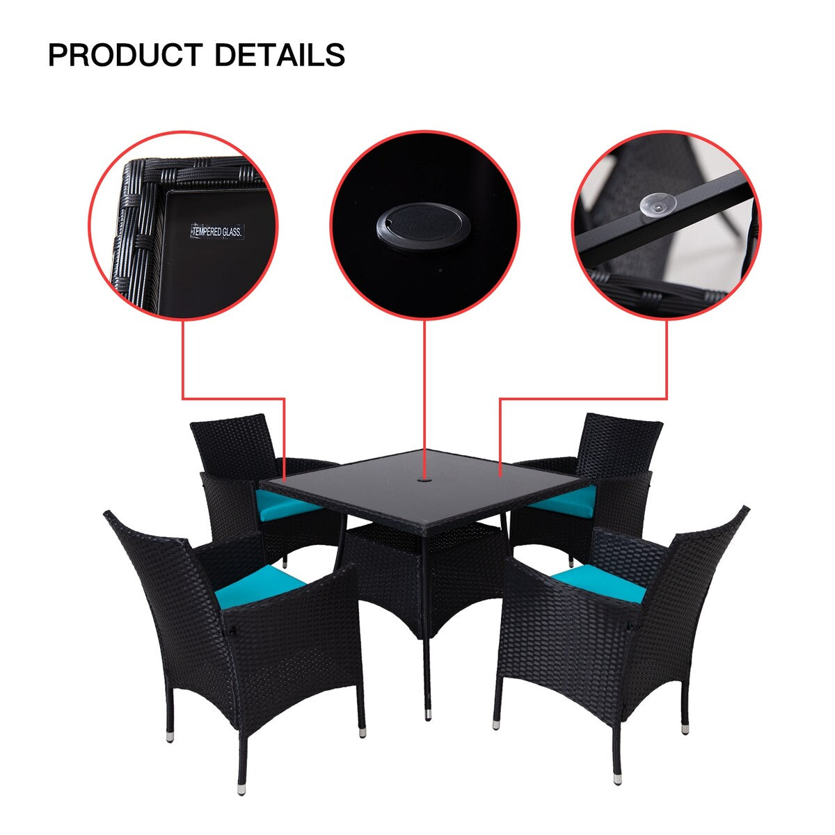 Set da pranzo da esterno in vimini da 5 pezzi con cuscini e tavolo