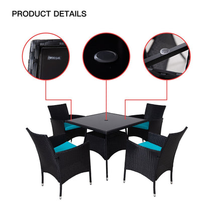 Set da pranzo da esterno in vimini da 5 pezzi con cuscini e tavolo