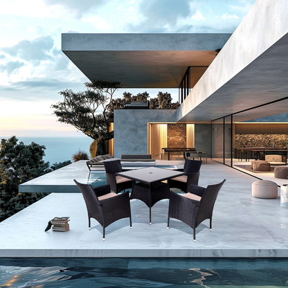 Set da pranzo da esterno in vimini da 5 pezzi con cuscini e tavolo