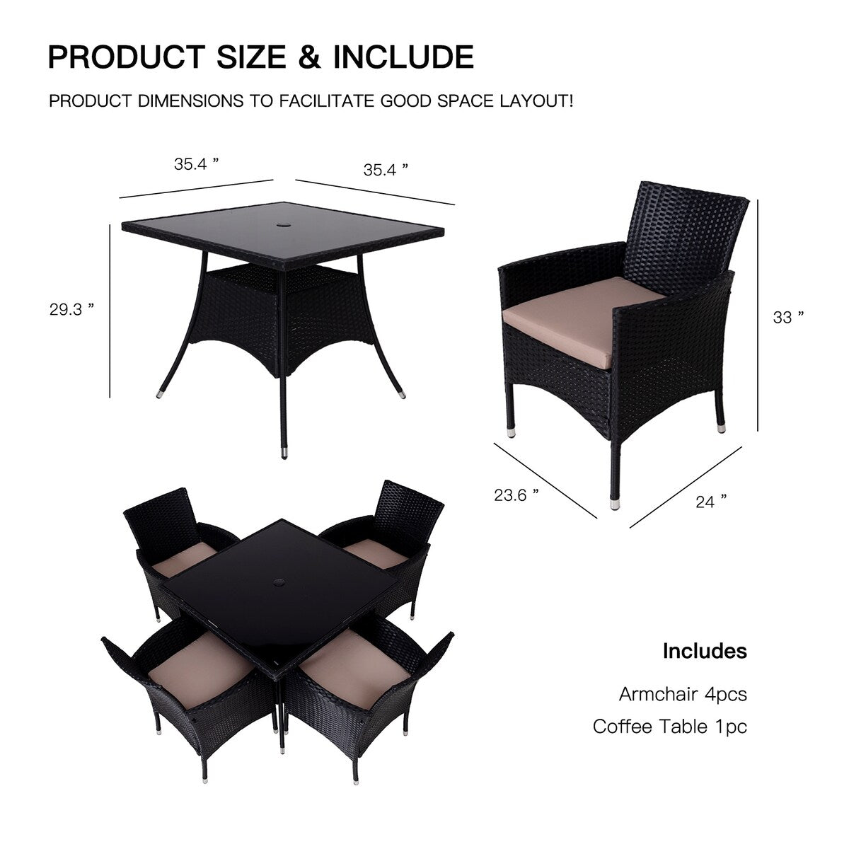 Set da pranzo da esterno in vimini da 5 pezzi con cuscini e tavolo